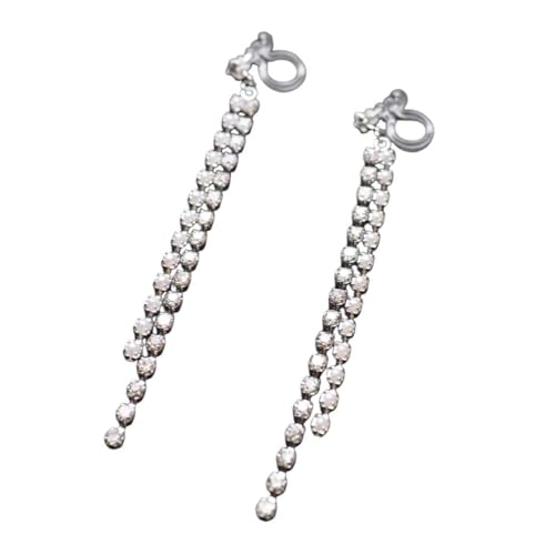 Dangle Silver Invisible Clip On Earrings for Women Not Pierced Gold Crystal Rhinestone Comfortable Hoop Fringe Long Chain Clip On Earrings - color: Pearl & Crystal