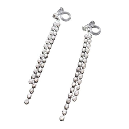 Dangle Silver Invisible Clip On Earrings for Women Not Pierced Gold Crystal Rhinestone Comfortable Hoop Fringe Long Chain Clip On Earrings - color: Pearl & Crystal
