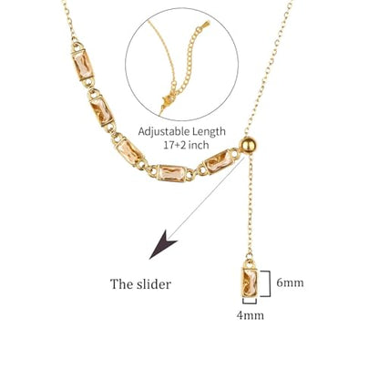 Emerald Cut Y Shaped Necklace for Women 18K Gold Plated Double Layered Y Lariat Necklace Jewelry Gift - color: Style9-Champagne