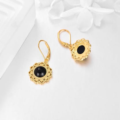 Sterling Silver Black Onyx Earrings for Women 18K Yellow Gold Plated Jewelry Gifts - style: Filigree Round