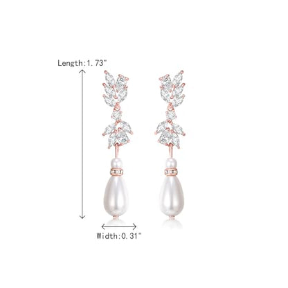 Crysdue Simulated Pearl Earrings for Women, Dainty Silver/Gold/Rose Gold Plated Cubic Zirconia Drop Dangle Earrings Wedding Jewelry for Bride Bridesmaid - style: H_Pearl, Silver