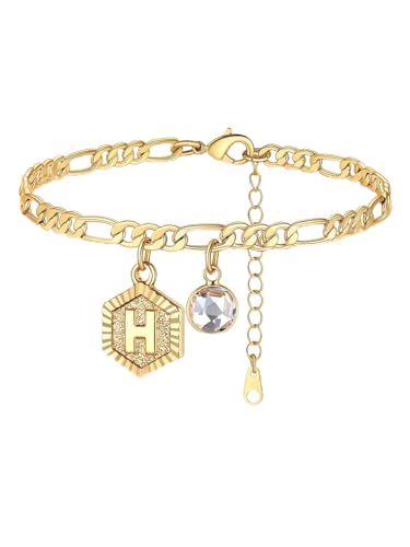 Custom4U Personalized Initial Ankle Bracelets for Women 14K Gold Plated Dainty CZ Birthstone Hexagon Letter Initial Anklets for Women Adjustable Silver/Gold Foot Chain Summer Beach Jewelry Gifts - color: Gold Hexagon-H