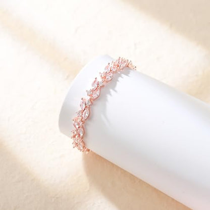 Crysdue Marquise Teardrop Cubic Zirconia Wedding Bridal & Prom Tennis Bracelets for Brides Bridesmaids, Silver/Gold/Rose Gold Plated Bracelet Gifts for Women - style: E_Rose gold 6.3-7.5"