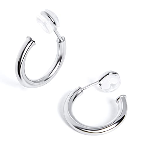Clip on Earrings for Women, 14K Real Gold Plated Non Pierced Hoop, Clip on Hoops for Non Pierced Ears Gold and White Gold - color: 20mm Hoop White Gold