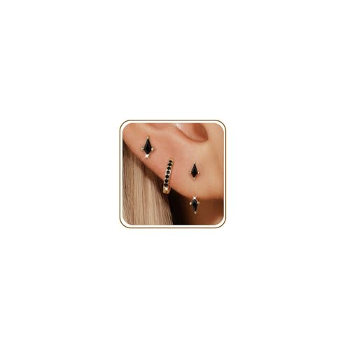 3 Pairs Stackable Kite Stud Earrings Set for Women Trendy | Dainty Birthstone Stud Gold & 925 Sterling Silver Huggie Hoop Jacket Stack Earrings for Women 2026 - color: Gold-Black Diamond