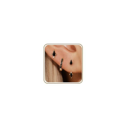 3 Pairs Stackable Kite Stud Earrings Set for Women Trendy | Dainty Birthstone Stud Gold & 925 Sterling Silver Huggie Hoop Jacket Stack Earrings for Women 2026 - color: Gold-Black Diamond