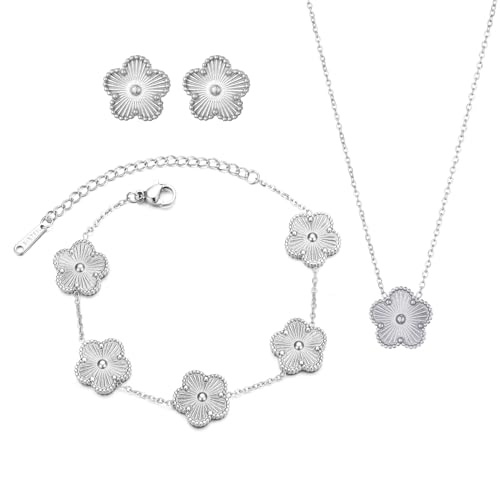 Clover Neckalce Earring Set for Women 14K Gold Plated Stainless Steel Four Leaf Clover Jewelry Set - color: Silver