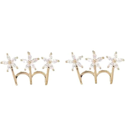 Gold Flower CZ Crawler Earrings for Women, 3-Petal Crystal Stud Climber Earrings, Elegant Geometric Line Ear Jewelry
