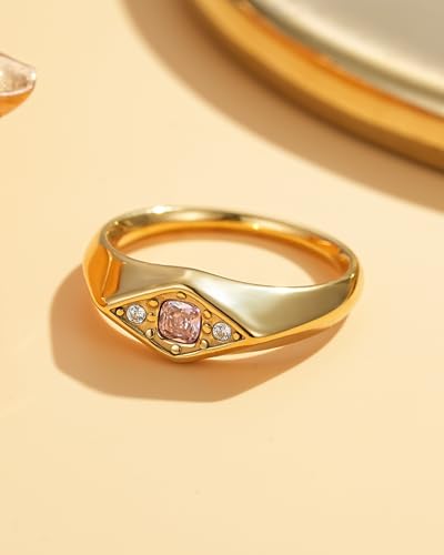 YeGieonr Gold Rings for Women Non Tarnish, 18K Gold Plated Stainless Steel North Star Signet Ring, Waterproof Dainty Pinky Statement Ring, Tarnish Free Gold Jewelry for Women - color: Rhombus Pink