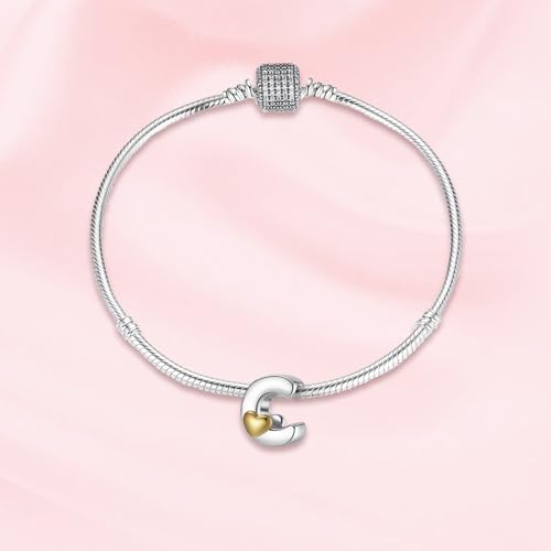 A~Z Alphabet Charm Letter Beads 925 Sterling Silver with Heart-shaped 5A Cubic Zircon Stones fits Pandora European Bracelets Necklace Jewelry Gift for Women - style: C Letter Charms