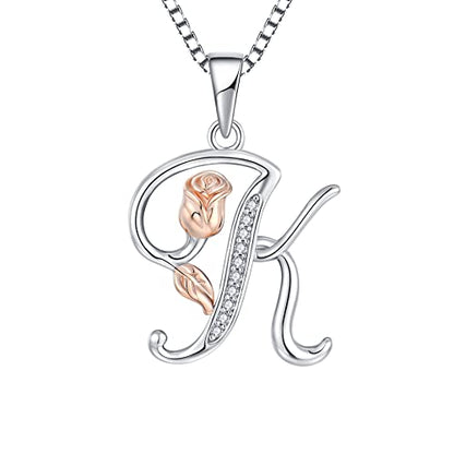 STARCHENIE Initial Necklace for Women Sterling Silver Letters 26 Alphabet Pendant Rose Flower Jewelry Gifts for Family Sisters Friend - color: K