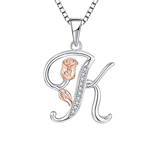 STARCHENIE Initial Necklace for Women Sterling Silver Letters 26 Alphabet Pendant Rose Flower Jewelry Gifts for Family Sisters Friend - color: K