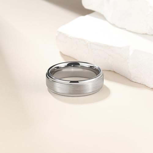 King Will Classic Tungsten Wedding Band for Men, 6/7/8/9/10mm Widths, Polished Finish Step Edge Matte Rings Comfort Fit - color: A-silver 6mm