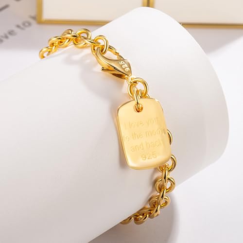 Dankadi Women 925 Sterling Silver Round Cable Wire Link Bracelet Charm Heart-Bell-Square-Circle Pendant Chain Bangle Fine Jewelry Gift For Wife Her - color: 8.5MM Gold Square Pendant, size: 9 in