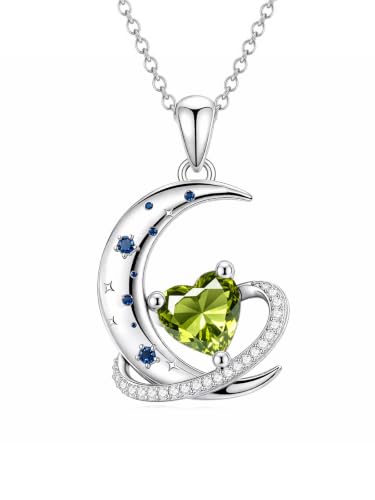 Birthstone Necklace for Women White Gold Moon and Star Pendant Moon Jewelry Anniversary Birthday Gifts for Mom Wife Her - color: 08. August - Peridot