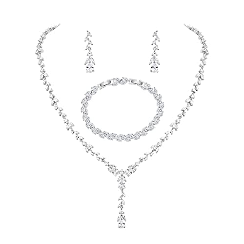 Bridal Wedding Jewelry CZ Set Marquise Teardrop Cubic Zirconia Pendant Necklace and Dangle Earring Bracelet Sets for Women - color: White Gold - 03