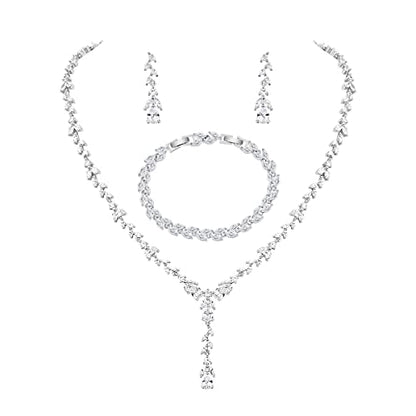 Bridal Wedding Jewelry CZ Set Marquise Teardrop Cubic Zirconia Pendant Necklace and Dangle Earring Bracelet Sets for Women - color: White Gold - 03