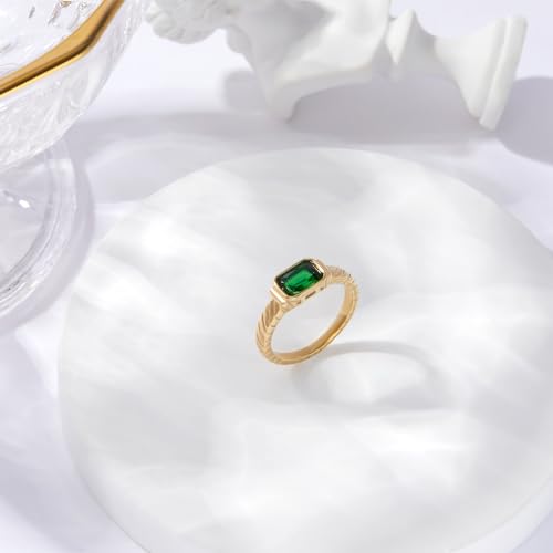 Gold Emerald Rings Gold Rings for Women Dainty Green Rings Cut Emerald Gemstones CZ Non Tarnish Gold Rings 14K Gold Plated Rings for Women Band Size 6/7/8/9 - size: Size 6
