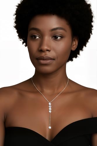 14K Gold Plated Y Necklace for Women – Dainty Lariat Long Pendant Chain, Layered Drop Necklace for V Neck Dress, Simple Sexy Cleavage Jewelry Gifts for Women - color: Silver - Single layer - Zircon