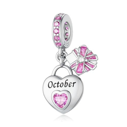 LNQOBU 925 Sterling Silve Heart-shaped Birthstone Charm for Bracelets, With 5A Cubic Zirconia Birthday Charms Dangle Pendant Bead for Pandora Bracelets - color: J-October