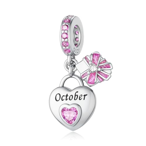 LNQOBU 925 Sterling Silve Heart-shaped Birthstone Charm for Bracelets, With 5A Cubic Zirconia Birthday Charms Dangle Pendant Bead for Pandora Bracelets - color: J-October