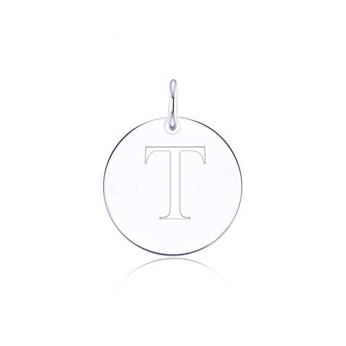 Sterling Silver Mini Initial Disc Round Charm Pendant for Women - color: T