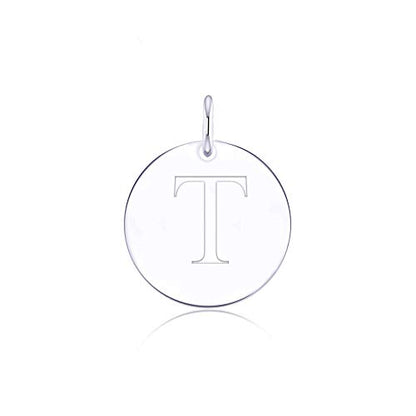 Sterling Silver Mini Initial Disc Round Charm Pendant for Women - color: T