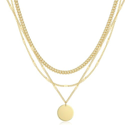 Layered Gold Silver Necklaces for Women, Stackable Stack 14K Real Gold Plated Silver Chain Necklace Diamond Circle CZ Layering Pendant Necklaces Trendy Gold Jewelry Set Gifts - color: gold, style: 3PC-Coin