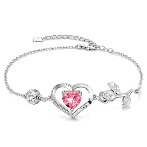 1CT Rose Heart Birthstone Bracelet for Women Love Gift - style: 10-Oct Pink Silver