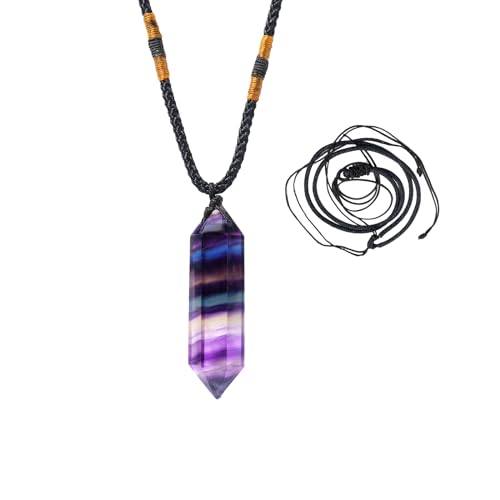 Runyangshi Rainbow Fluorite Healing Crystal Pendants, Double Pointed Natural Crystal Quartz Necklace 6 Faceted Chakra Crystal Wand Stone - color: Rainbow Fluorite
