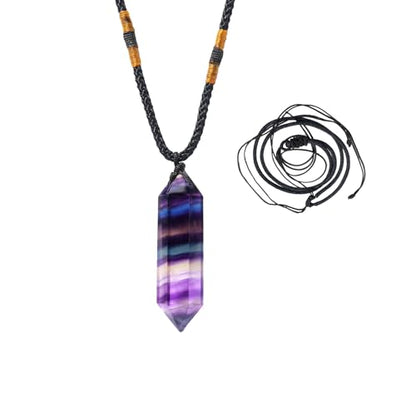 Runyangshi Rainbow Fluorite Healing Crystal Pendants, Double Pointed Natural Crystal Quartz Necklace 6 Faceted Chakra Crystal Wand Stone - color: Rainbow Fluorite