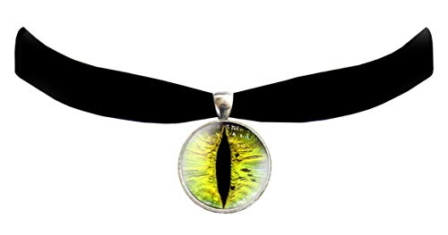 Victorian Vault Cat Dragon Eye Black Velvet Choker Steampunk Gothic Pendant Necklace - color: Lime