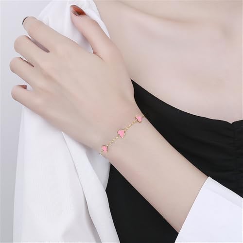 Cute Heart Charm Link Chain Bracelet for Women Dainty Stainless Steel Gold Plated Colorful Enamel Love Heart Adjustable Bracelets Fashion Jewelry for Bff Daughter Her - color: Pink