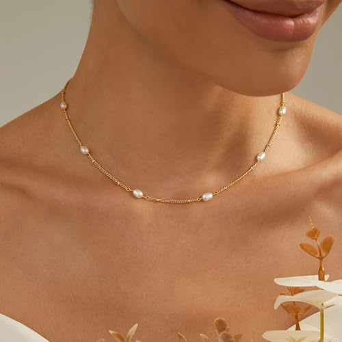 Dainty Pearl Pendant Necklaces for Women 14K Gold Plated Handmade Layered Pearl Chain Necklace Delicate Layered Pearl Necklace Everyday Jewelry Gift - color: NK02-Satellite-Gold