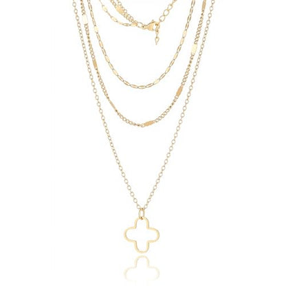 Triple Layered Gold Chain Necklace with Cross, Four Leaf Clover Pendant, Multi-Strand, Religious Jewelry, Gift with a Box - color: Four Leaf Clover