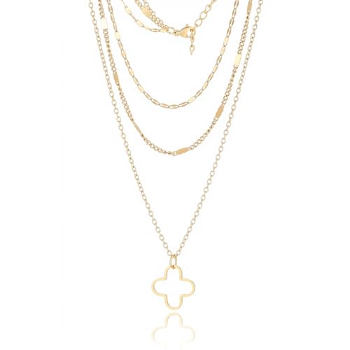 Triple Layered Gold Chain Necklace with Cross, Four Leaf Clover Pendant, Multi-Strand, Religious Jewelry, Gift with a Box - color: Four Leaf Clover