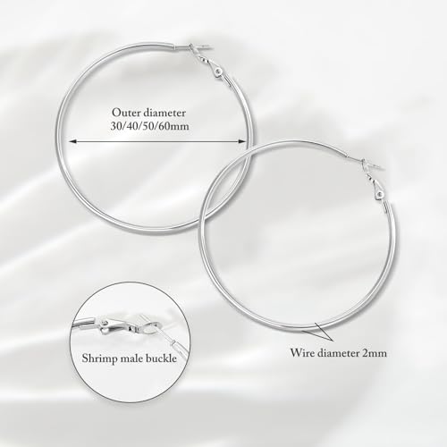 4 Pairs Silver Gold Hoop Earrings for Women | 14K Gold Plated Hoop Earrings Set Hypoallergenic Earring Lightweight Dangle Earrings Set - color: 1 Pair Silver-40mm