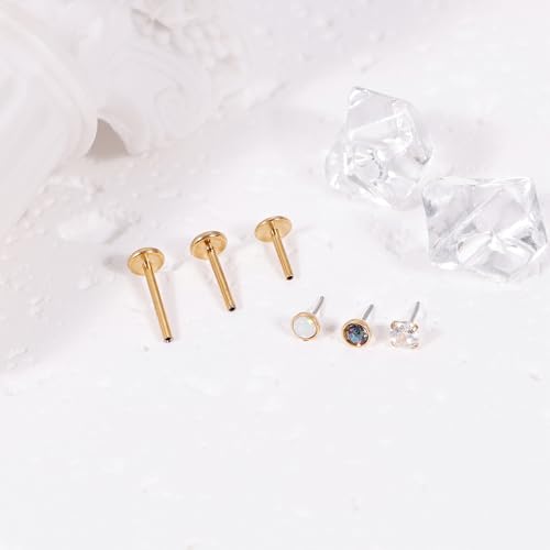 16G 18G 20G 3PCS G23 Titanium Push in Labret Monroe Stud Threadless Lip Ring Opal CZ Nose Stud Pure Titanium for Sensitive Skin Cartilage Helix Tragus Earrings Stud 6MM 8MM 10MM - style: 18G-Gold