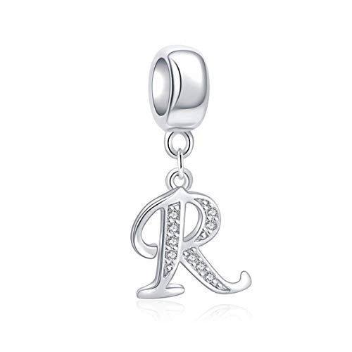 925 Sterling Silver Letter Charms Fits Pandora Bracelets, Gift for Women | A-Z Alphabet Initial Charm with CZ,Great gift for Christmas, Valentine's Day, Mother's Day. - color: R