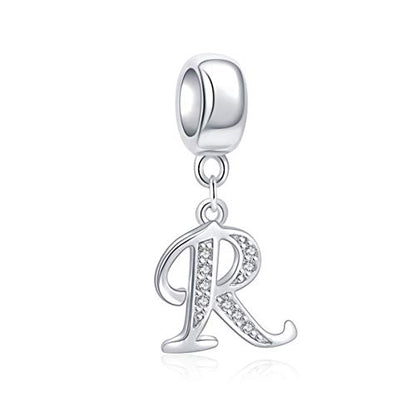 925 Sterling Silver Letter Charms Fits Pandora Bracelets, Gift for Women | A-Z Alphabet Initial Charm with CZ,Great gift for Christmas, Valentine's Day, Mother's Day. - color: R