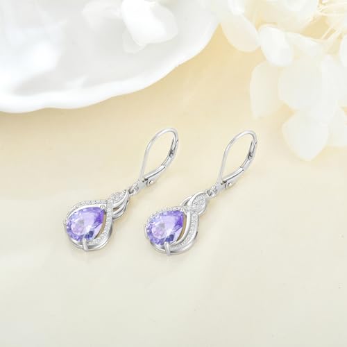 925 Sterling Silver Infinity Teardrop Earrings for Women | Lwsary Dangle Drop Leverback Earrings, Pear Shaped Birthstone Jewelry for Her - color: Lavender