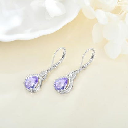 925 Sterling Silver Infinity Teardrop Earrings for Women | Lwsary Dangle Drop Leverback Earrings, Pear Shaped Birthstone Jewelry for Her - color: Lavender