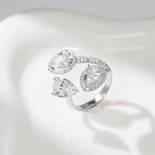 Aura & Irena 18K Gold Plated Pear-Shaped Cocktail Rings for Women, Non-Tarnish Adjustable Statement Ring with 3A Cubic Zirconia, Gift for Family Friend - color: Silver