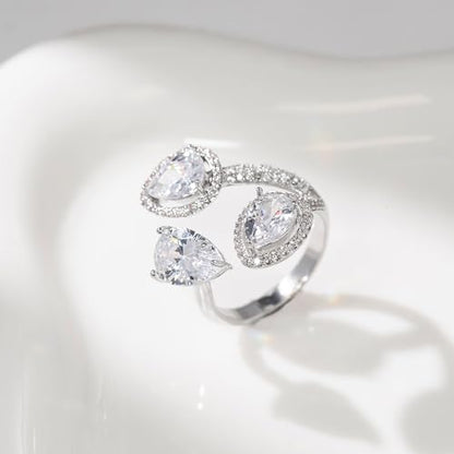 Aura & Irena 18K Gold Plated Pear-Shaped Cocktail Rings for Women, Non-Tarnish Adjustable Statement Ring with 3A Cubic Zirconia, Gift for Family Friend - color: Silver