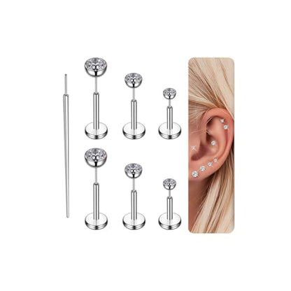 Gotumo 16G 18G 20G Flat Back Earrings Stud Titanium Threadless Nose Rings Tragus Labret Cartilage Lip Medusa Conch Body Piercing Jewelry Hypoallergenic for Women Men - color: Silver, size: 18G Bar 5/6/7mm & CZ 2/3/4mm