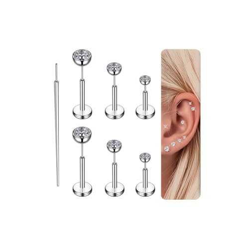 Gotumo 16G 18G 20G Flat Back Earrings Stud Titanium Threadless Nose Rings Tragus Labret Cartilage Lip Medusa Conch Body Piercing Jewelry Hypoallergenic for Women Men - color: Silver, size: 18G Bar 5/6/7mm & CZ 2/3/4mm