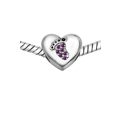 KunBead January-December Birthstone Footprint Heart Birthday Love Bead Charms Compatible with Pandora Bracelet for Mom Daughter Grandma Granddaughter - color: February