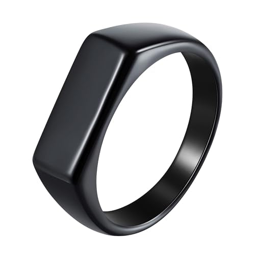 Mens Stainless Steel Plain Signet Rings 4/7/10/14MM Rectangular Pinky Rings | High Polish Classic Blank Thumb Rings, Everyday Comfit Wear, Gift for Men - color: Black07