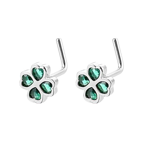 2Pcs 20G CZ Four Leaf Clover Nose Studs Rings for Women Gold Silver L-Shaped Surgical Steel Nose Stud Ring ST Patricks Day Nose Nostril Piercing Jewelry - color: Silver