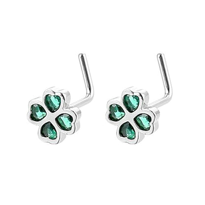 2Pcs 20G CZ Four Leaf Clover Nose Studs Rings for Women Gold Silver L-Shaped Surgical Steel Nose Stud Ring ST Patricks Day Nose Nostril Piercing Jewelry - color: Silver